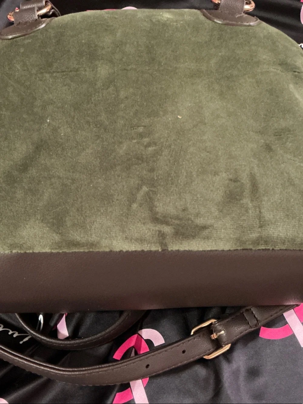 Juicy Couture Green velour Tote with brown trim, adjustable strap attached, NWT
